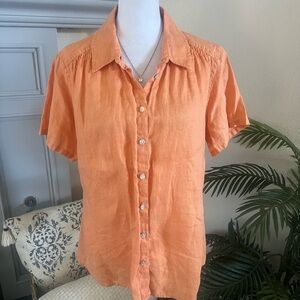 J. Jill 100% Linen Vibrant Orange Button-Down Shirt Size M